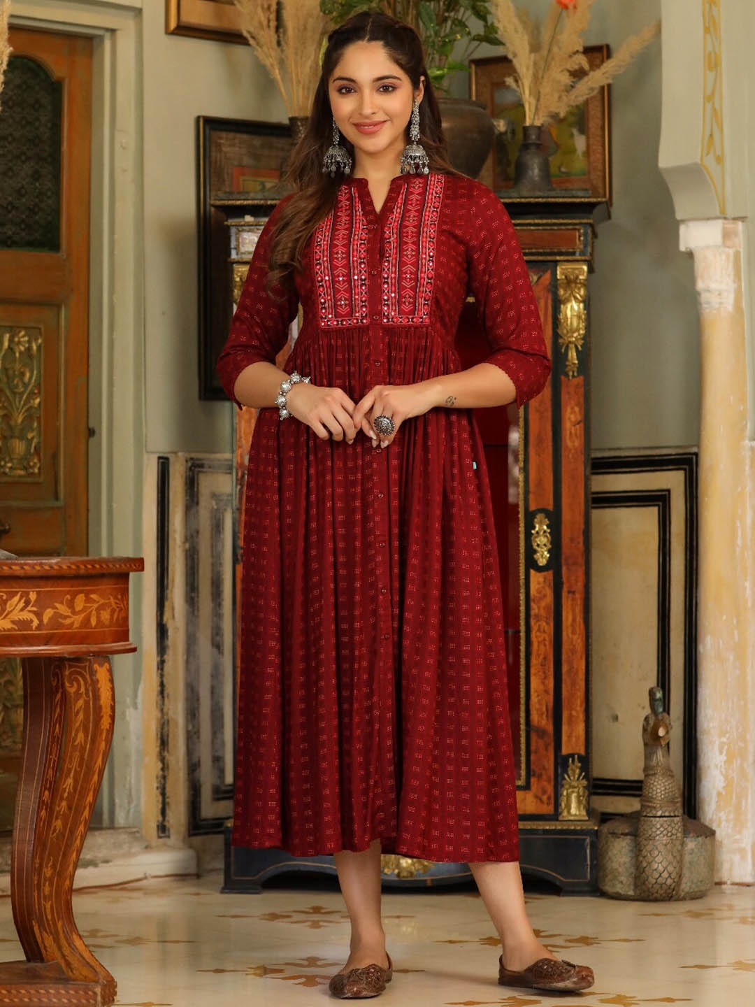 

EverBloom Self Design Mandarin Collar Embroidered Fit and Flare Midi Ethnic Dress, Maroon