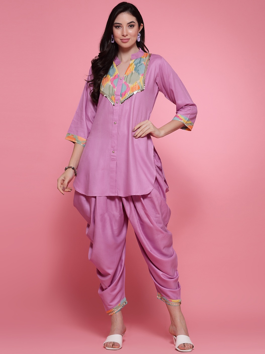 

Clora Creation Yoke Design Sequinned Straight Kurti With Dhoti Pants, Mauve