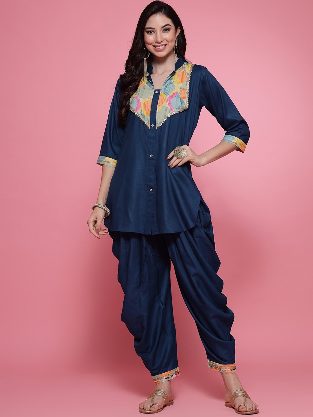 

Clora Creation Yoke Design Sequinned Straight Kurti With Dhoti Pants, Teal