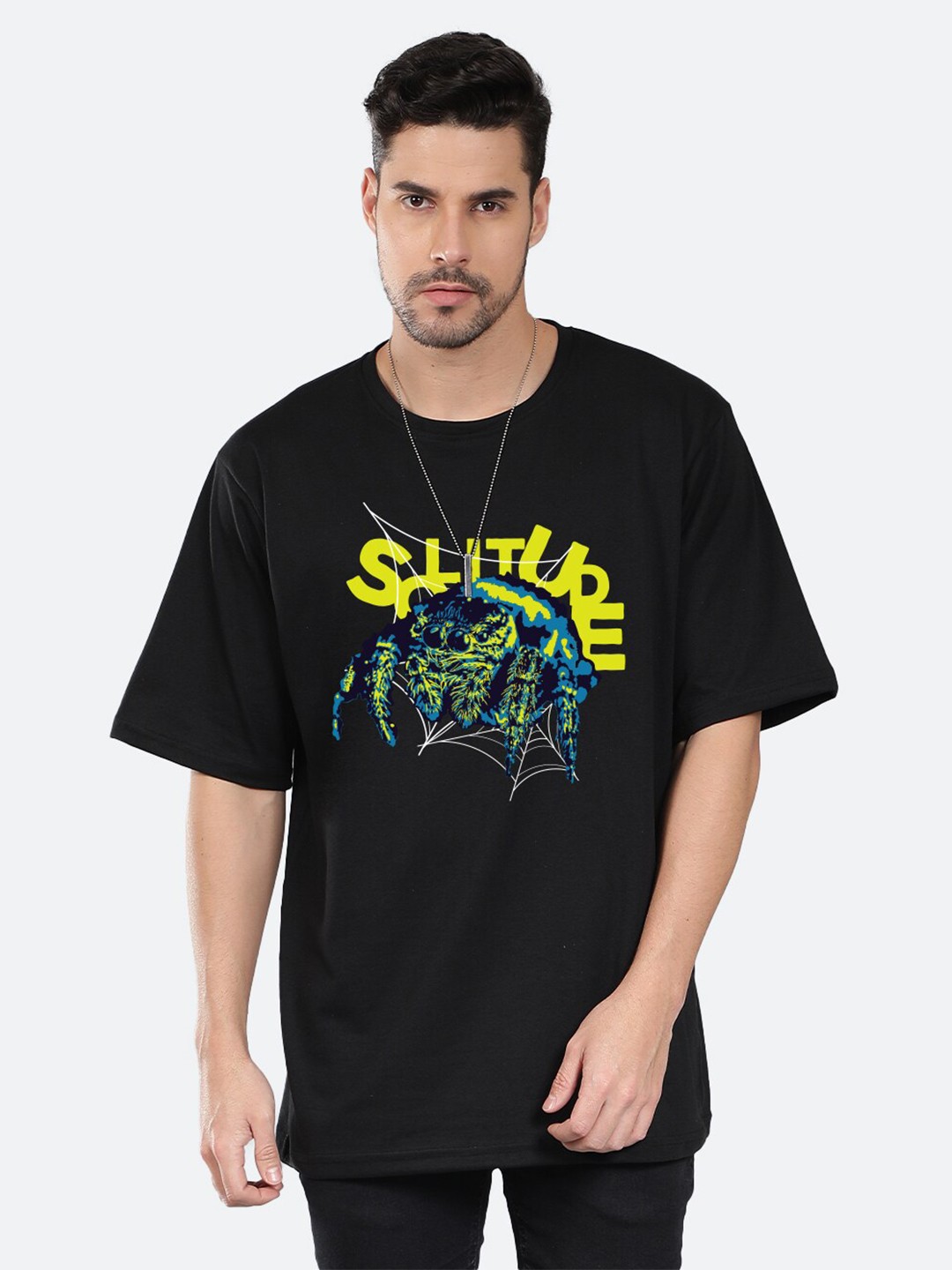 

Mad Over Print Typography Printed Drop Shoulder Cotton Oversized T-shirt, Black