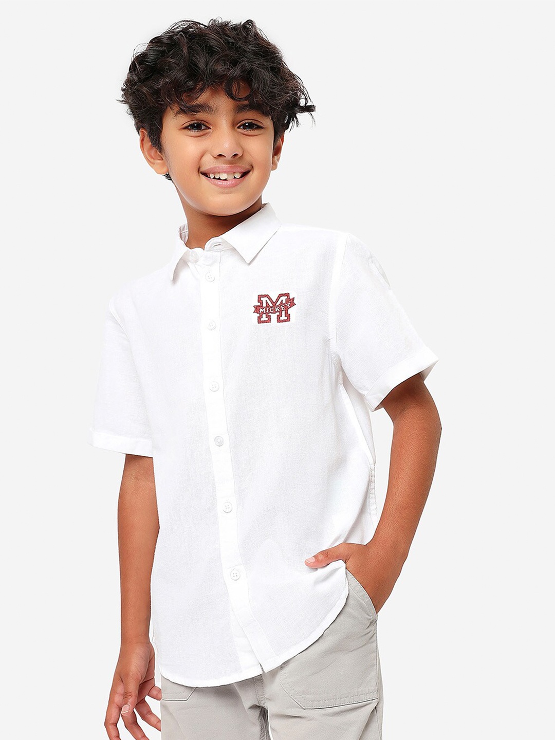 

BONKIDS Boys Spread Collar Casual Cotton Shirt With Mickey Mouse Embroidery, Off white