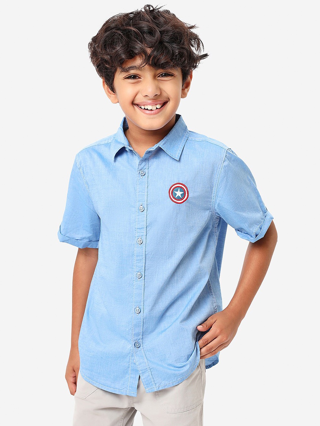 

BONKIDS Boys Spread Collar Casual Cotton Shirt With Captain America Embroidery, Blue