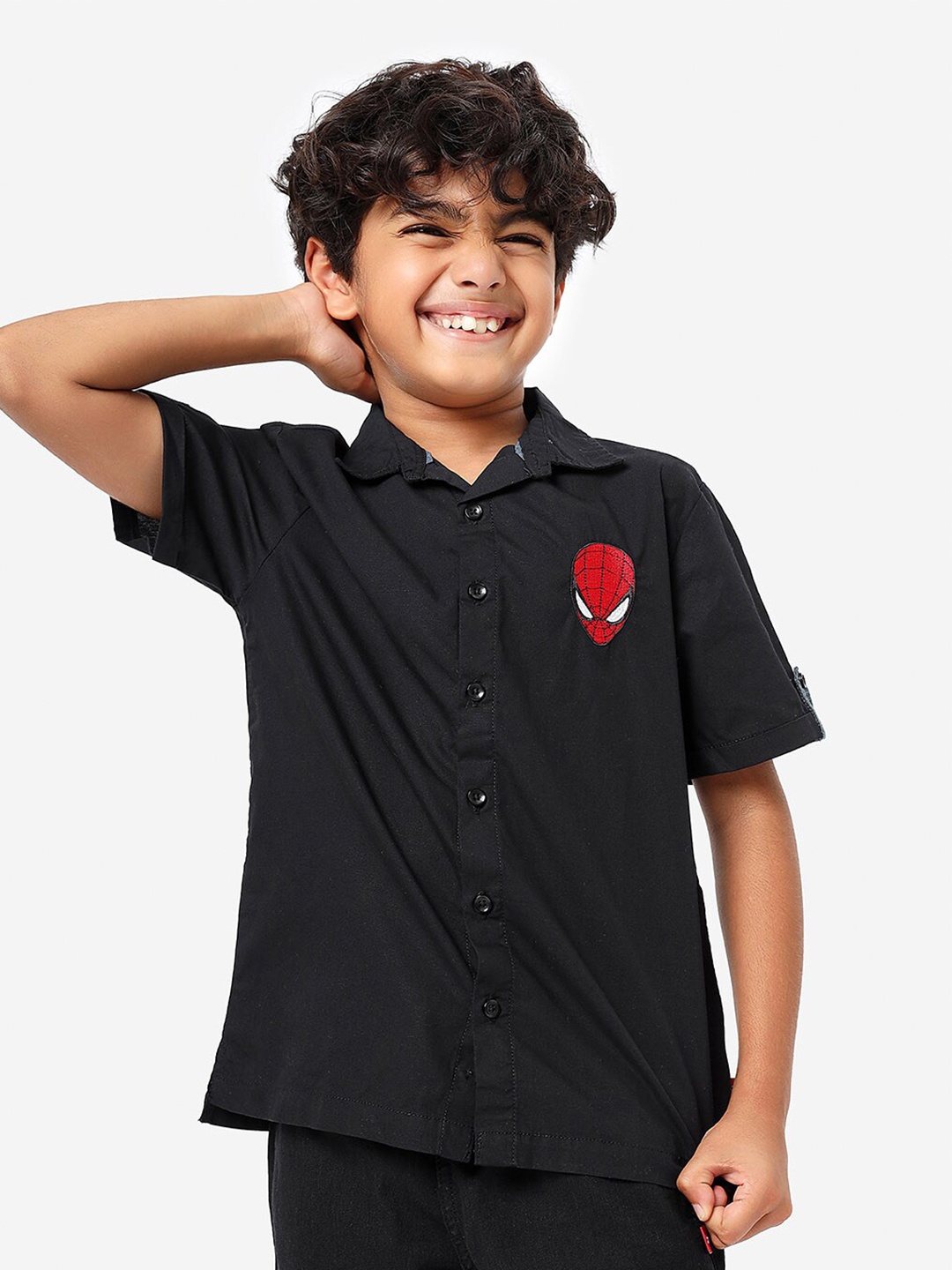 

BONKIDS Boys Spread Collar Casual Cotton Shirt With Spider Man Embroidery, Black