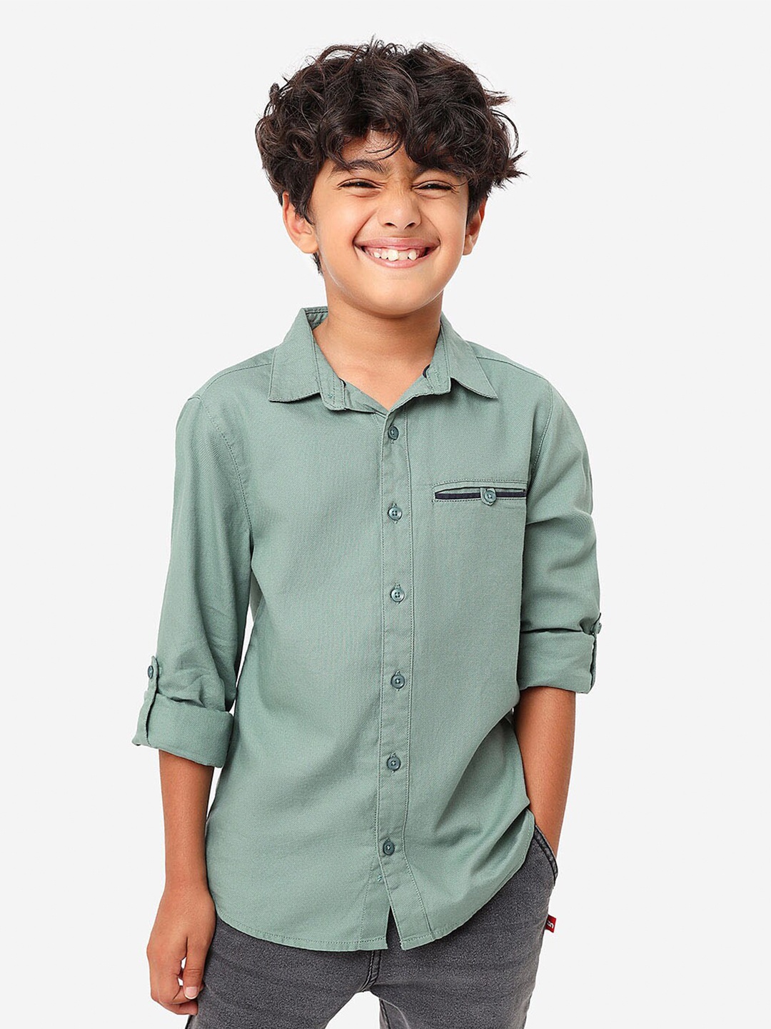 

BONKIDS Boys Spread Collar Casual Cotton Shirt, Green