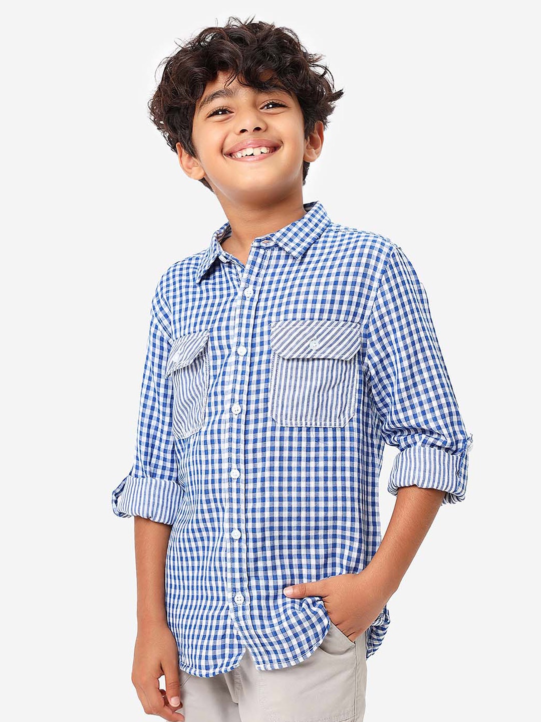 

BONKIDS Boys Gingham Checked Spread Collar Casual Cotton Shirt, Blue