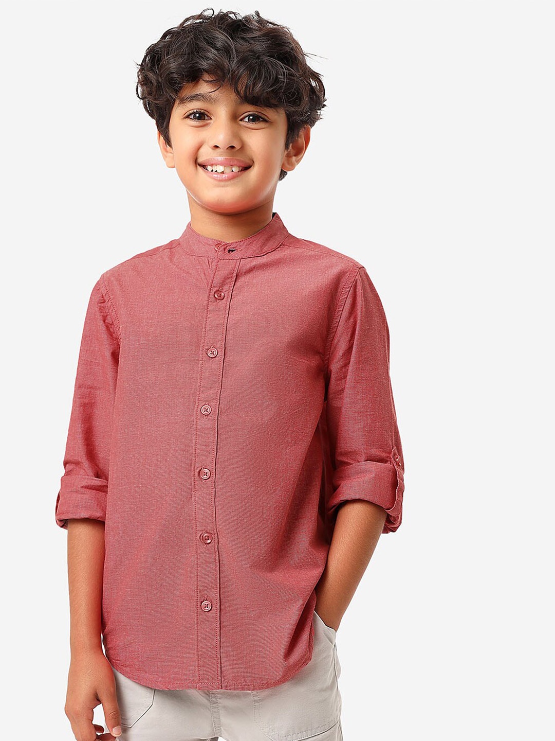 

BONKIDS Boys Band Collar Casual Cotton Shirt, Red