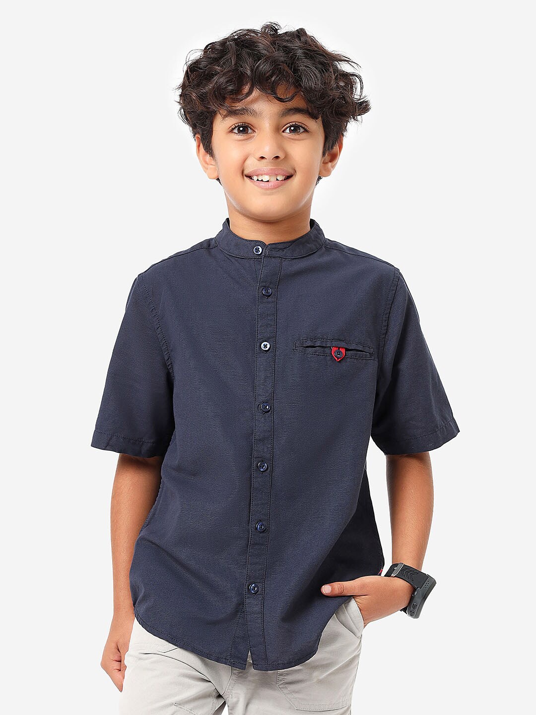 

BONKIDS Boys Band Collar Casual Cotton Shirt, Navy blue