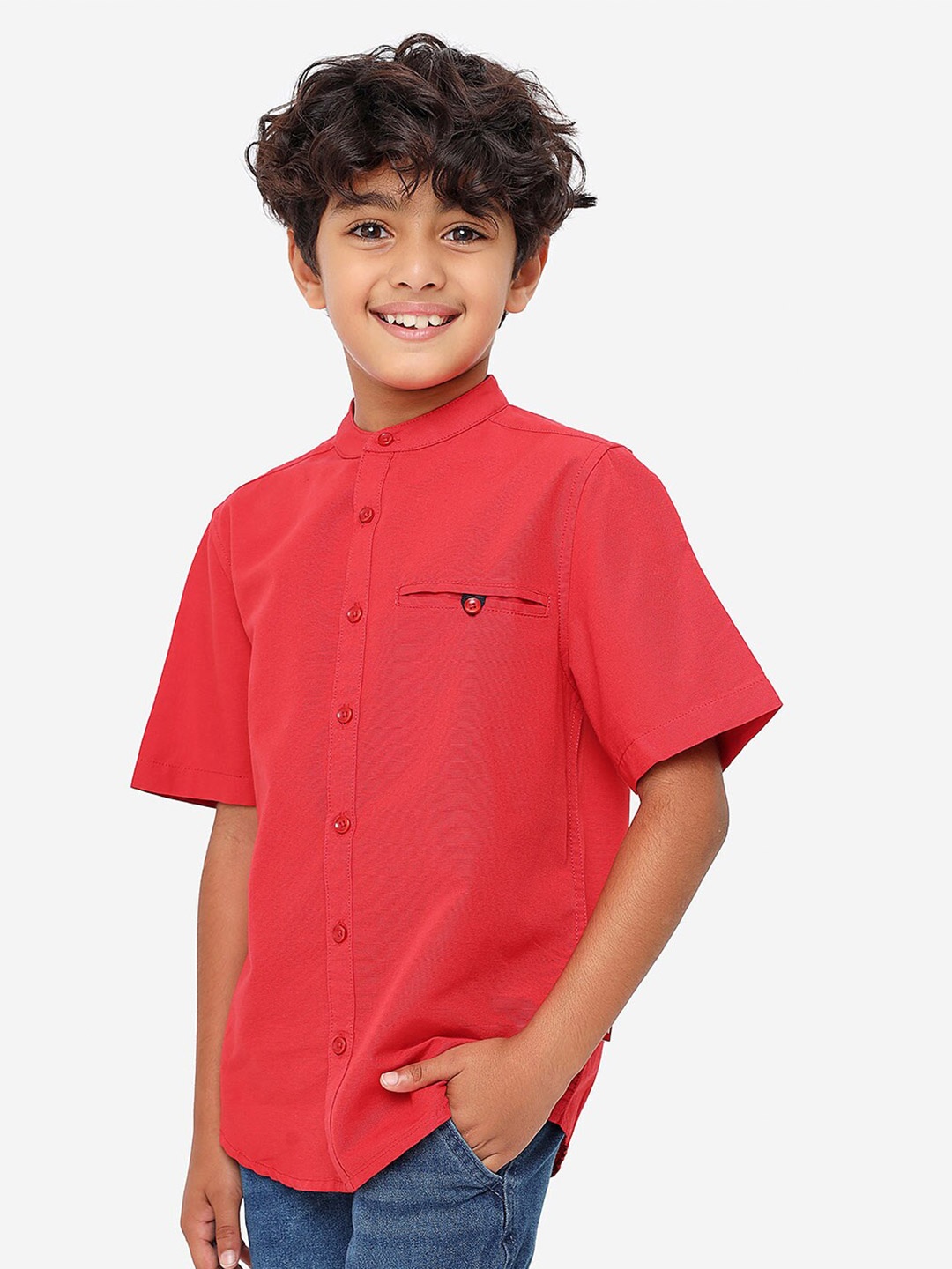

BONKIDS Boys Band Collar Casual Cotton Shirt, Red