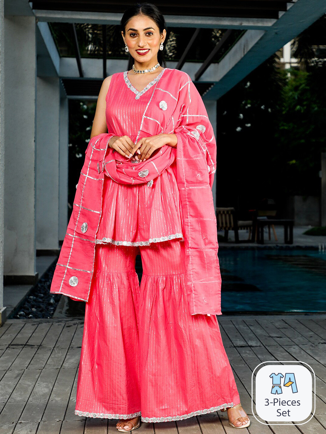 

AKS Couture Striped Pure Cotton A-Line Kurta & Sharara With Dupatta, Pink