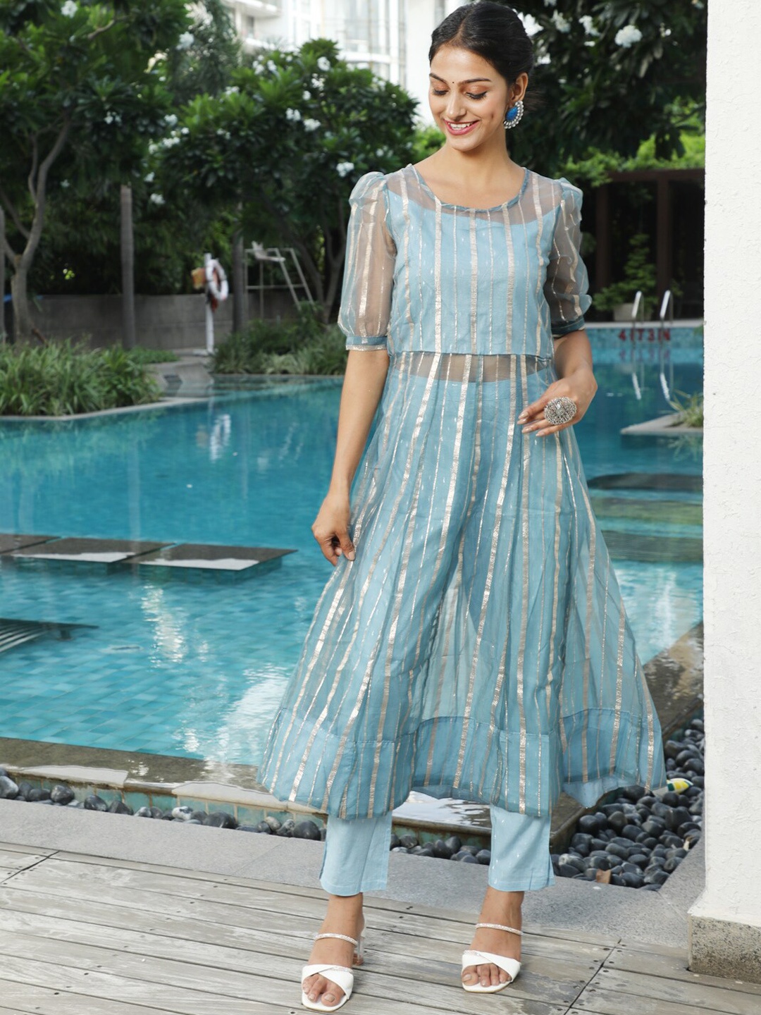 

AKS Couture Striped Woven Design Anarkali Kurta With Trousers, Blue