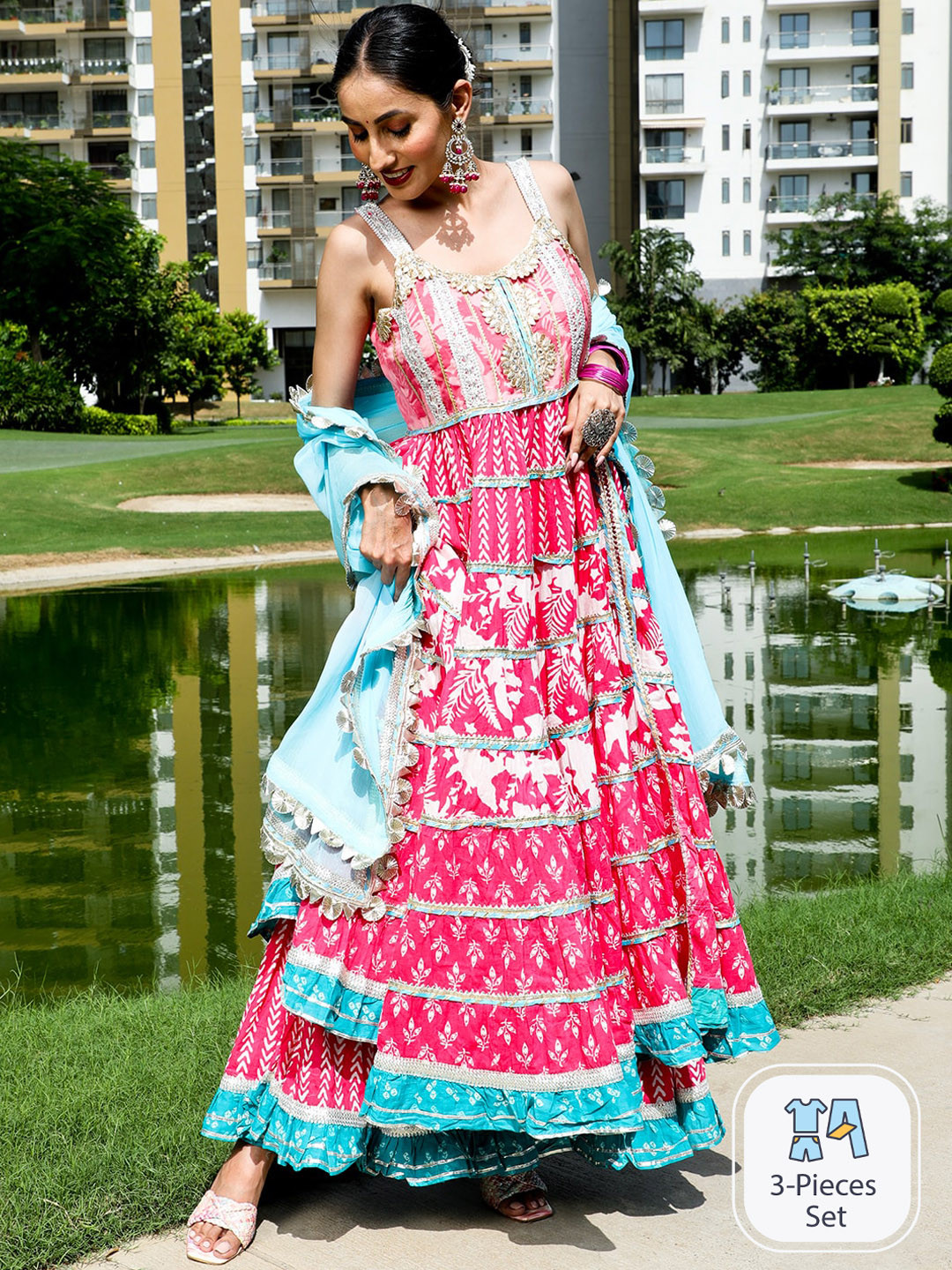 

AKS Couture Ethnic Motif Printed Pure Cotton Anarkali Kurta & Sharara With Dupatta, Pink