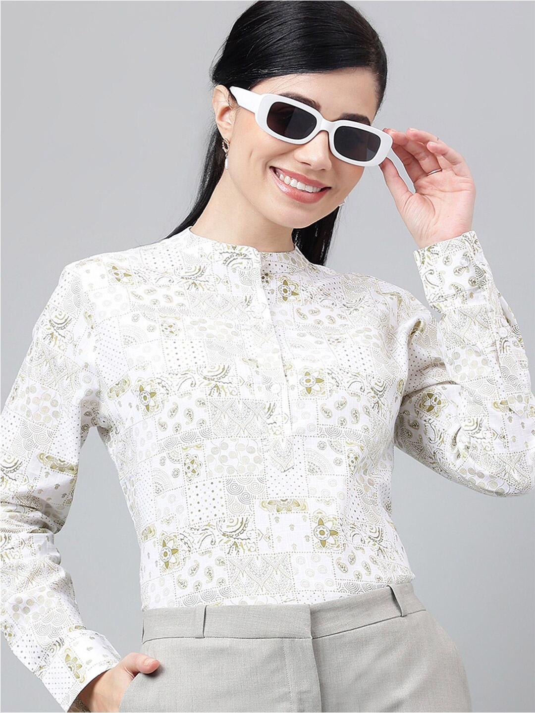 

Hancock Pure Cotton Ethnic Motifs Printed Formal Shirt Style Top, White