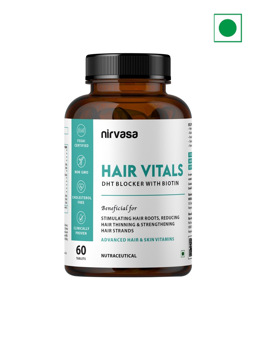 

Nirvasa Hair Vitals DHT Blocker with Biotin Tablets - 60 Tablets, Green