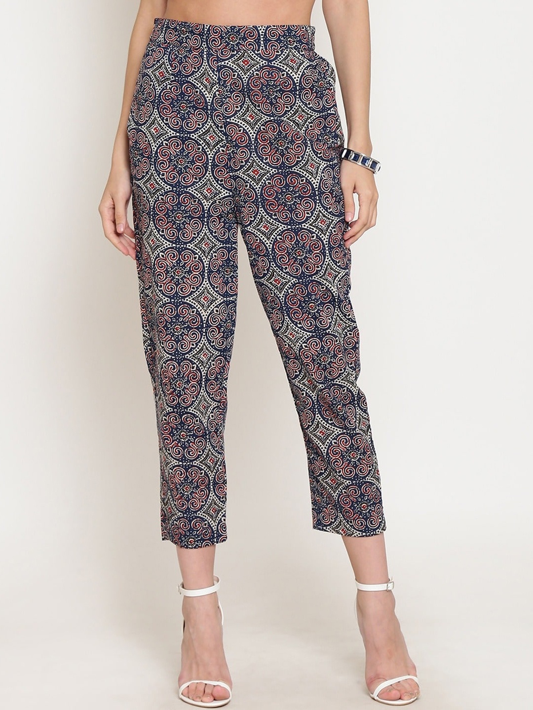 

Sera Women Ethnic Motifs Printed Straight Fit Cotton Cigarette Trousers, Grey