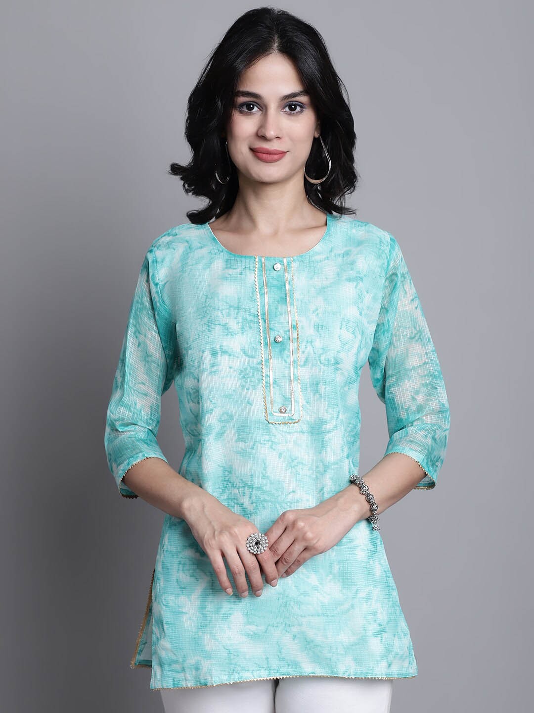 

SOUNDARYA Abstract Printed Gotta Patti Pure Cotton Kurti, Turquoise blue