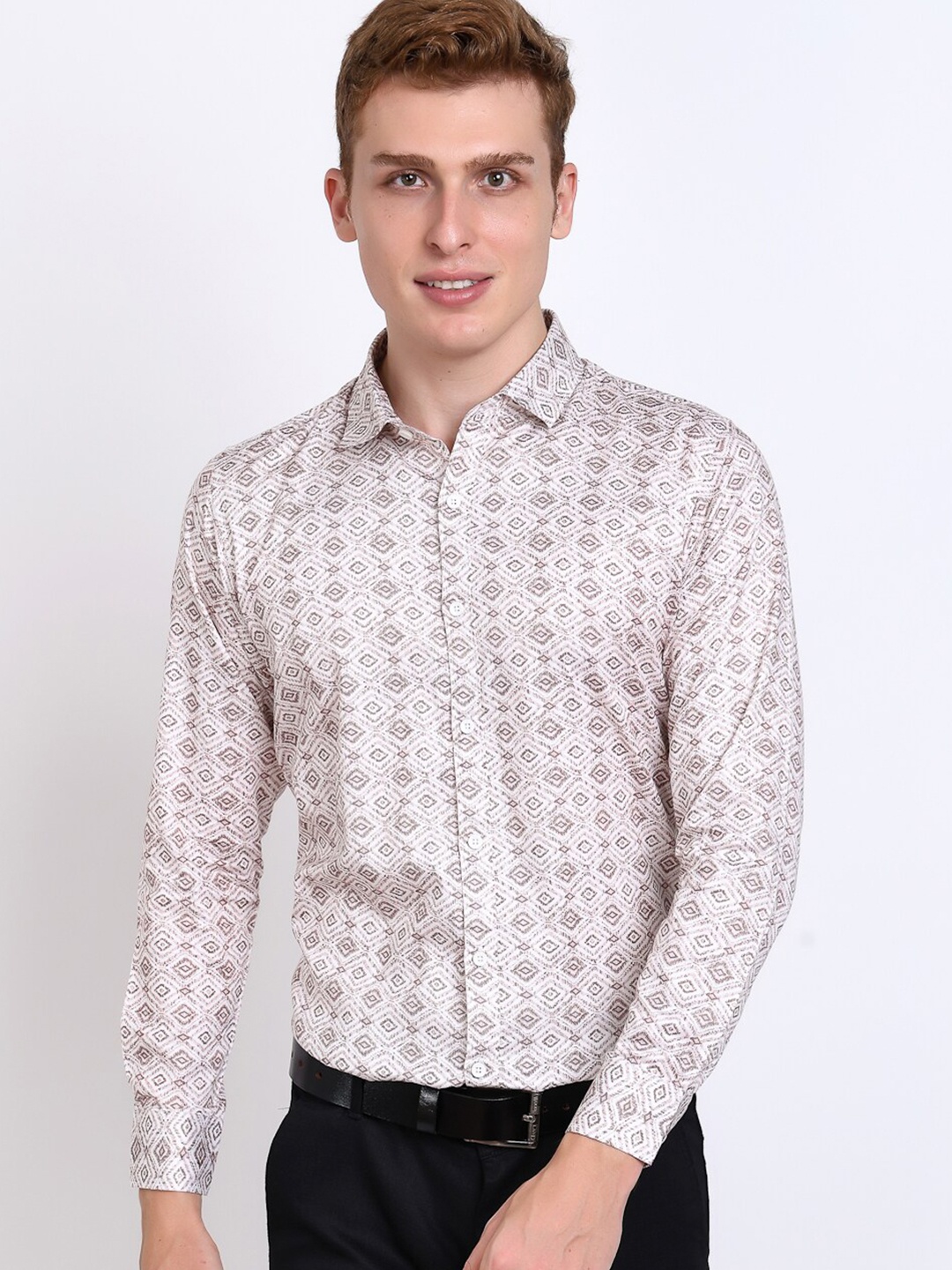 

DEZANO New Geometric Printed Satin Formal Shirt, White