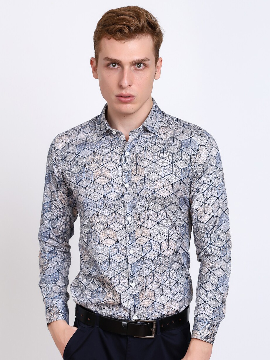 

DEZANO New Geometric Printed Satin Formal Shirt, Blue