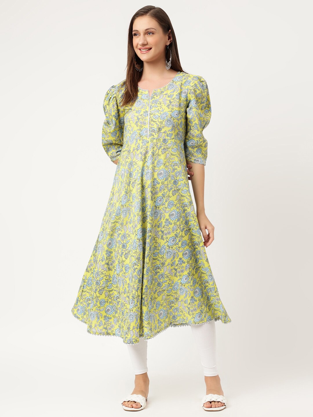 

Rimeline Floral Printed Puff Sleeves Anarkali Kurta, Lime green