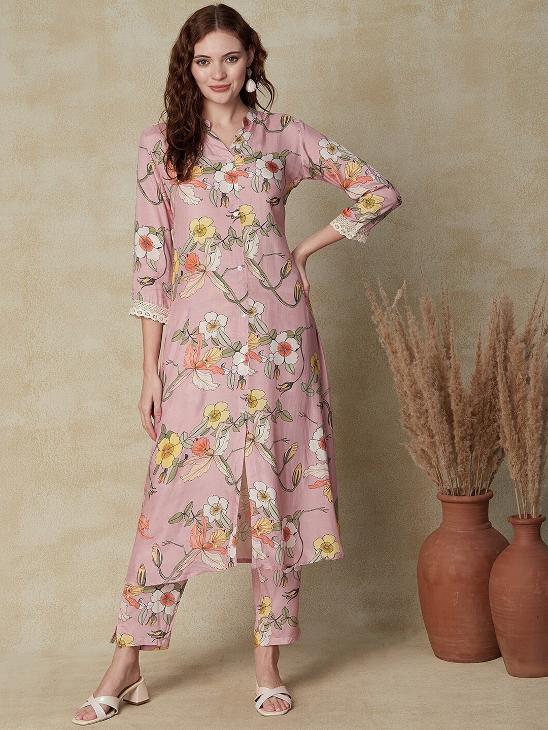 

FASHOR Pink Floral Printed A-Line Kurta With Trousers