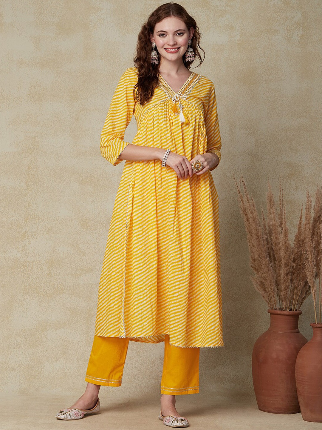 

FASHOR Yellow Leheriya Striped Empire Gotta Patti Pure Cotton A-Line Kurta With Trousers