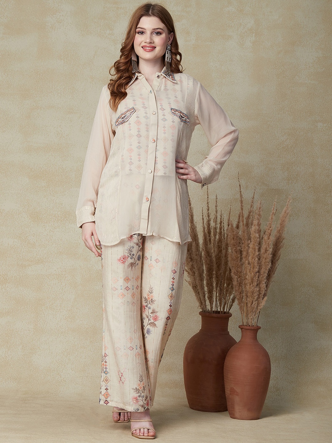 

FASHOR Ethnic Motifs Printed Embroidered Detail Shirt with Flared Palazzo, Beige