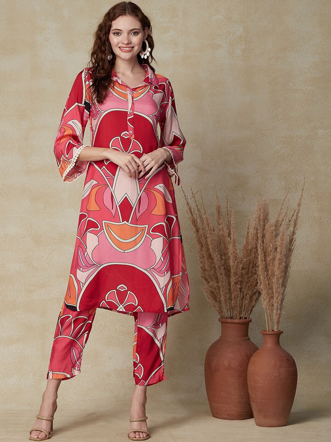 

FASHOR Pink Abstract Printed A-Line Kurta With Trousers
