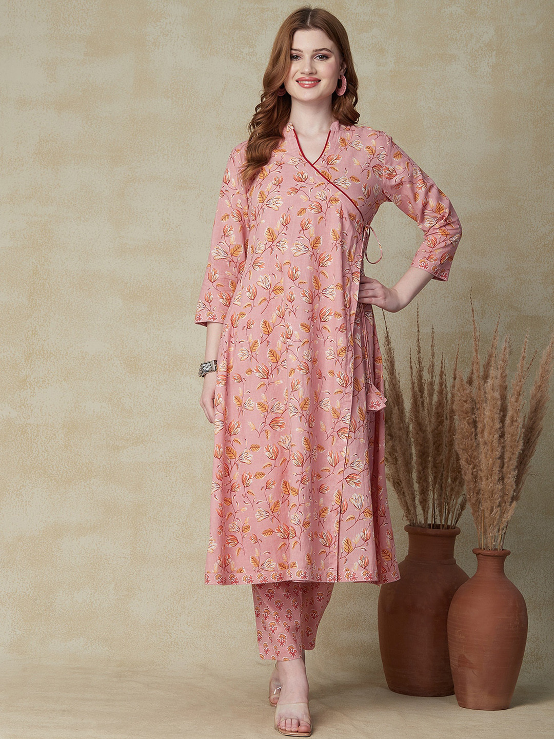 

FASHOR Pink Floral Printed Angrakha A-Line Kurta With Trousers
