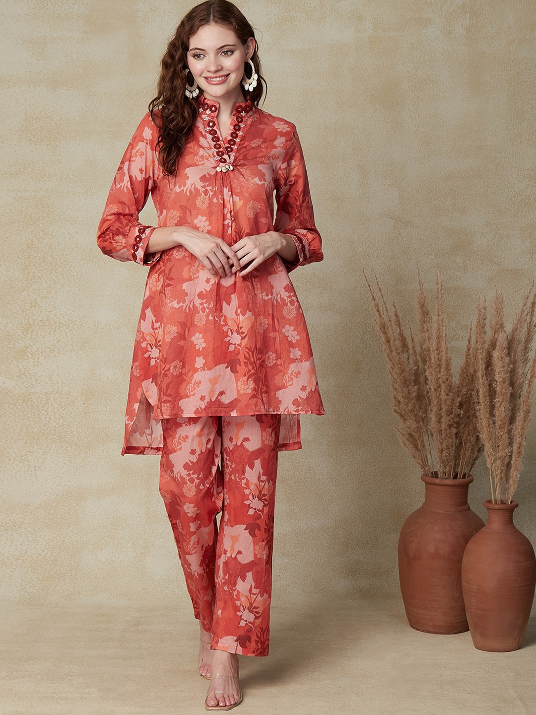 

FASHOR Floral Printed Mandarin Collar Pure Cotton Tunic & Trouser, Rust