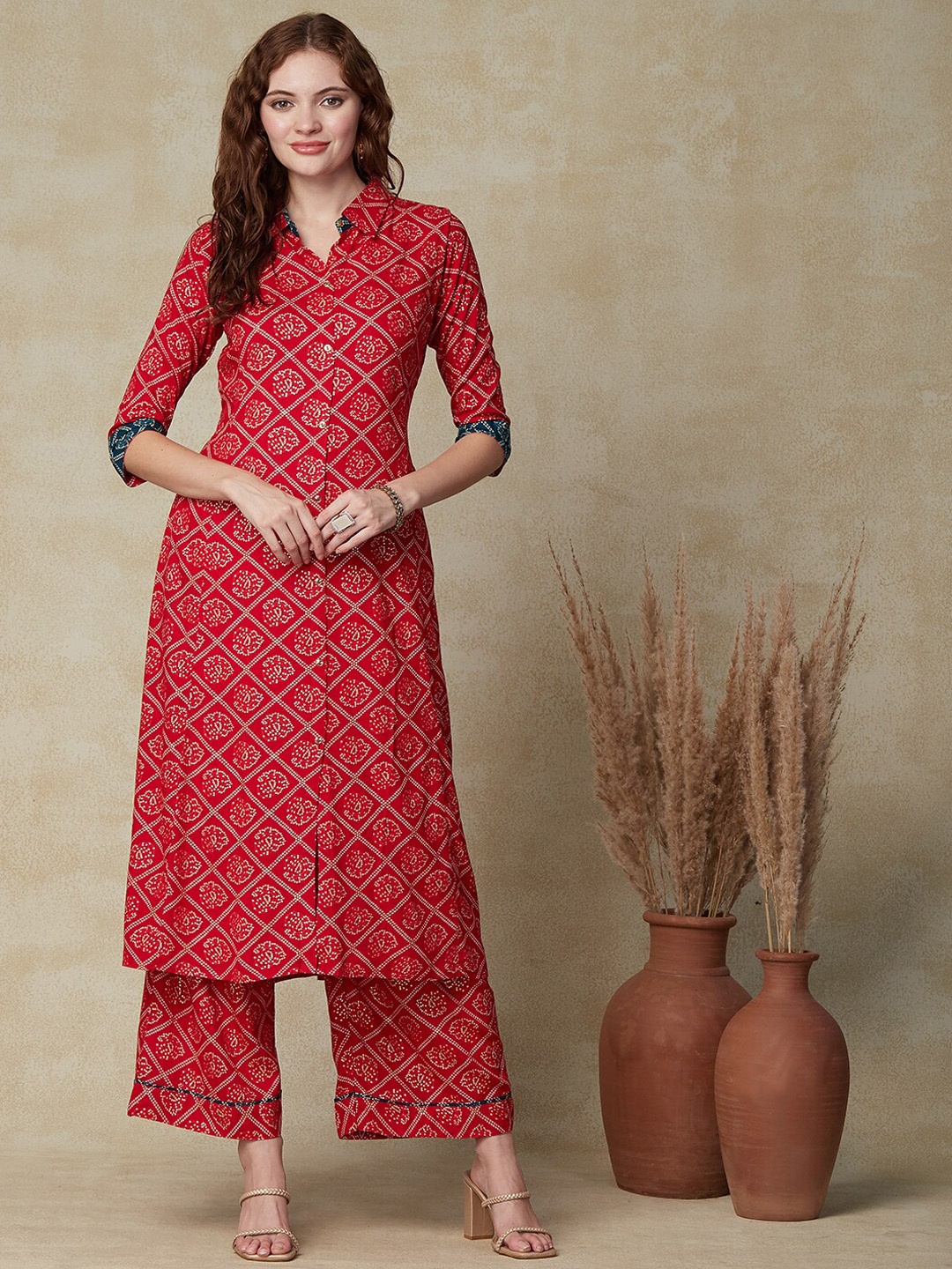 

FASHOR Bandhani Printed Kurta with Palazzos, Red