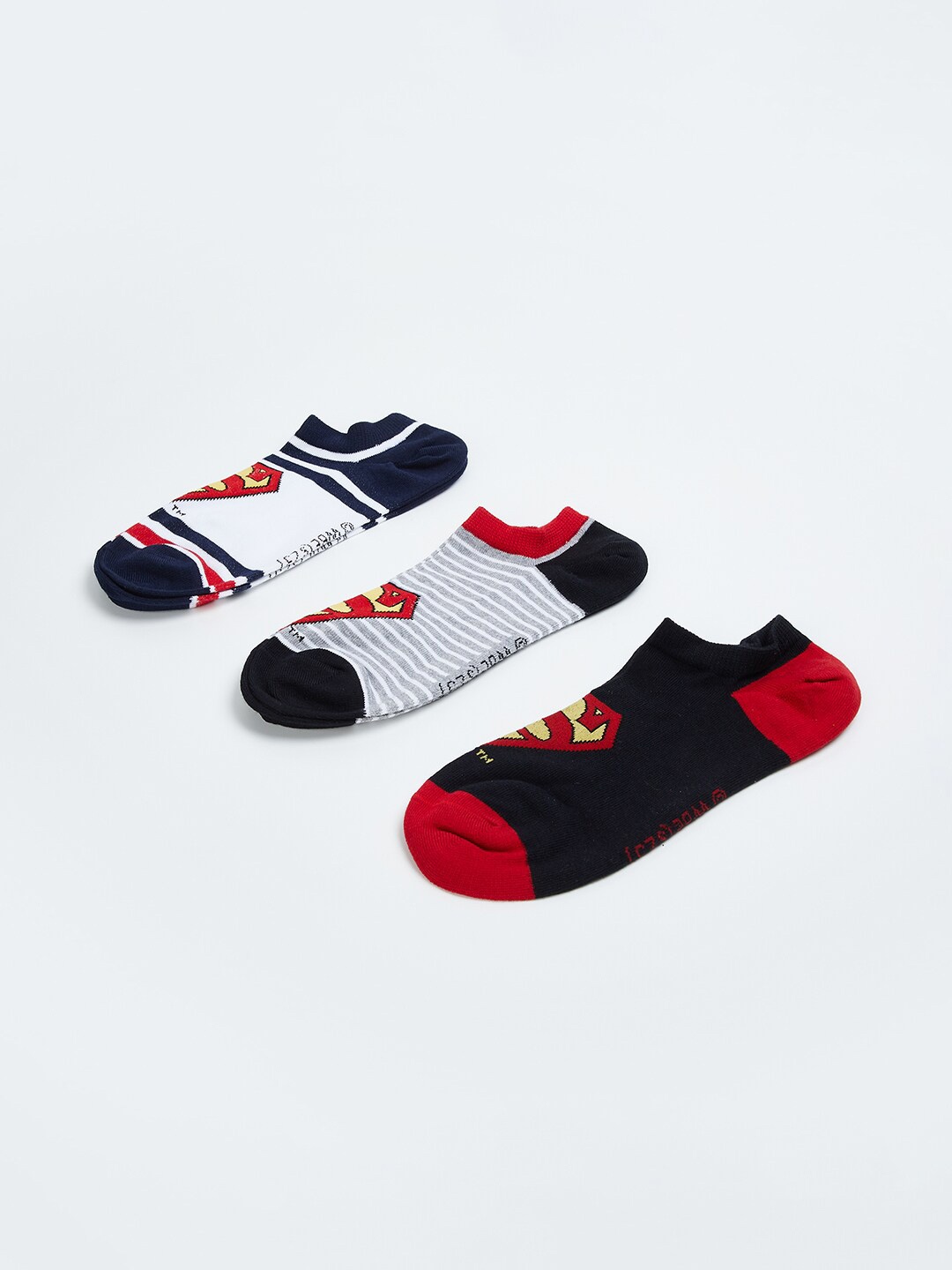 

max Men Pack Of 3 Superman Logo Printed Ankle Length Socks, Blue