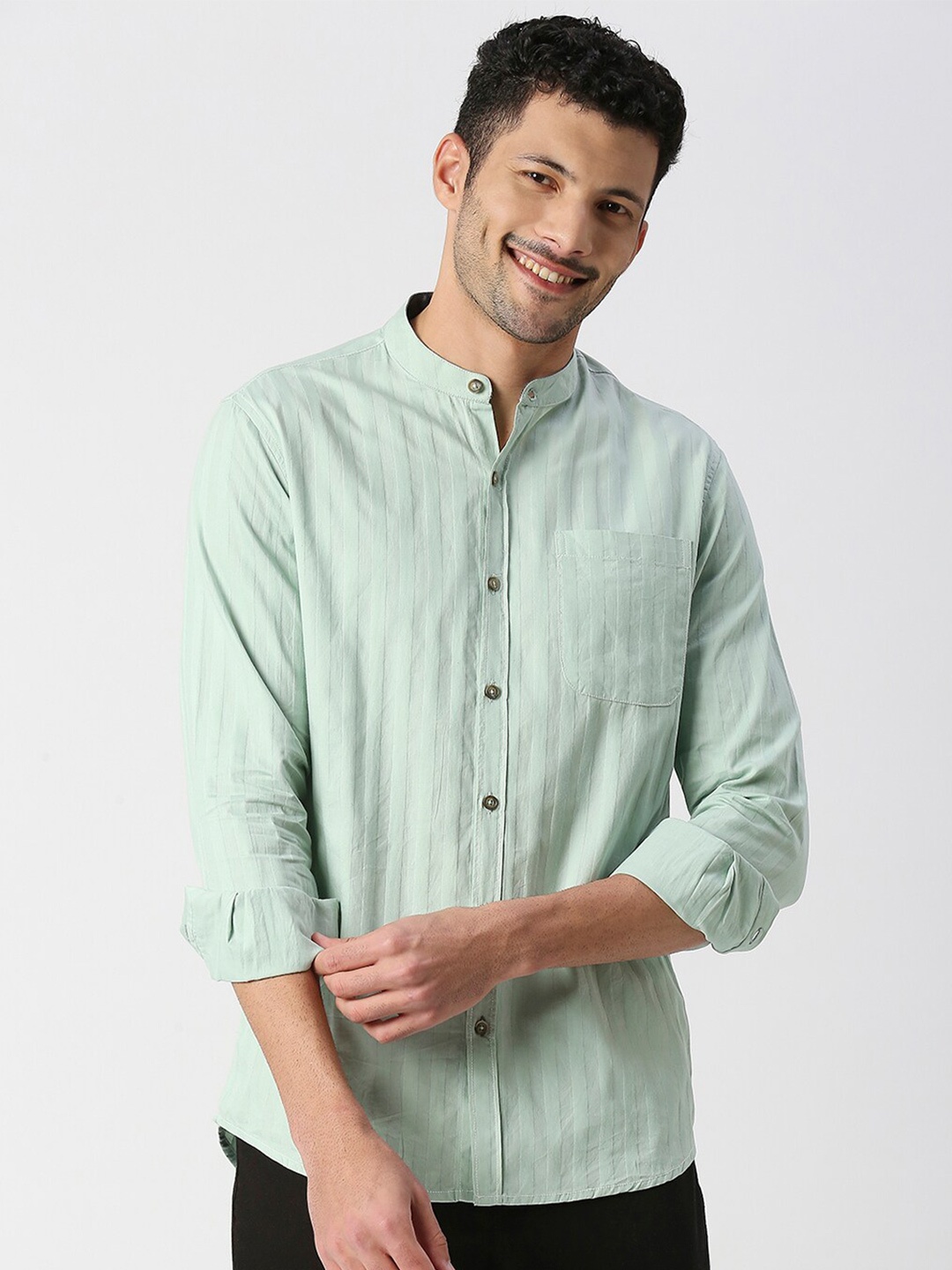 

SNX Tailored Fit Vertical Striped Mandarin Collar Pure Cotton Casual Shirt, Green