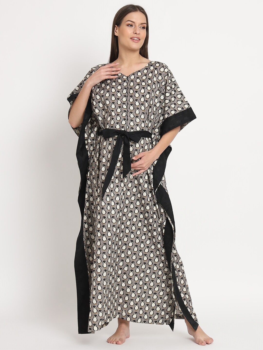 

Aujjessa Maternity Conversational Printed Round Neck Maxi Pure Cotton Kaftan Nightdress, Grey