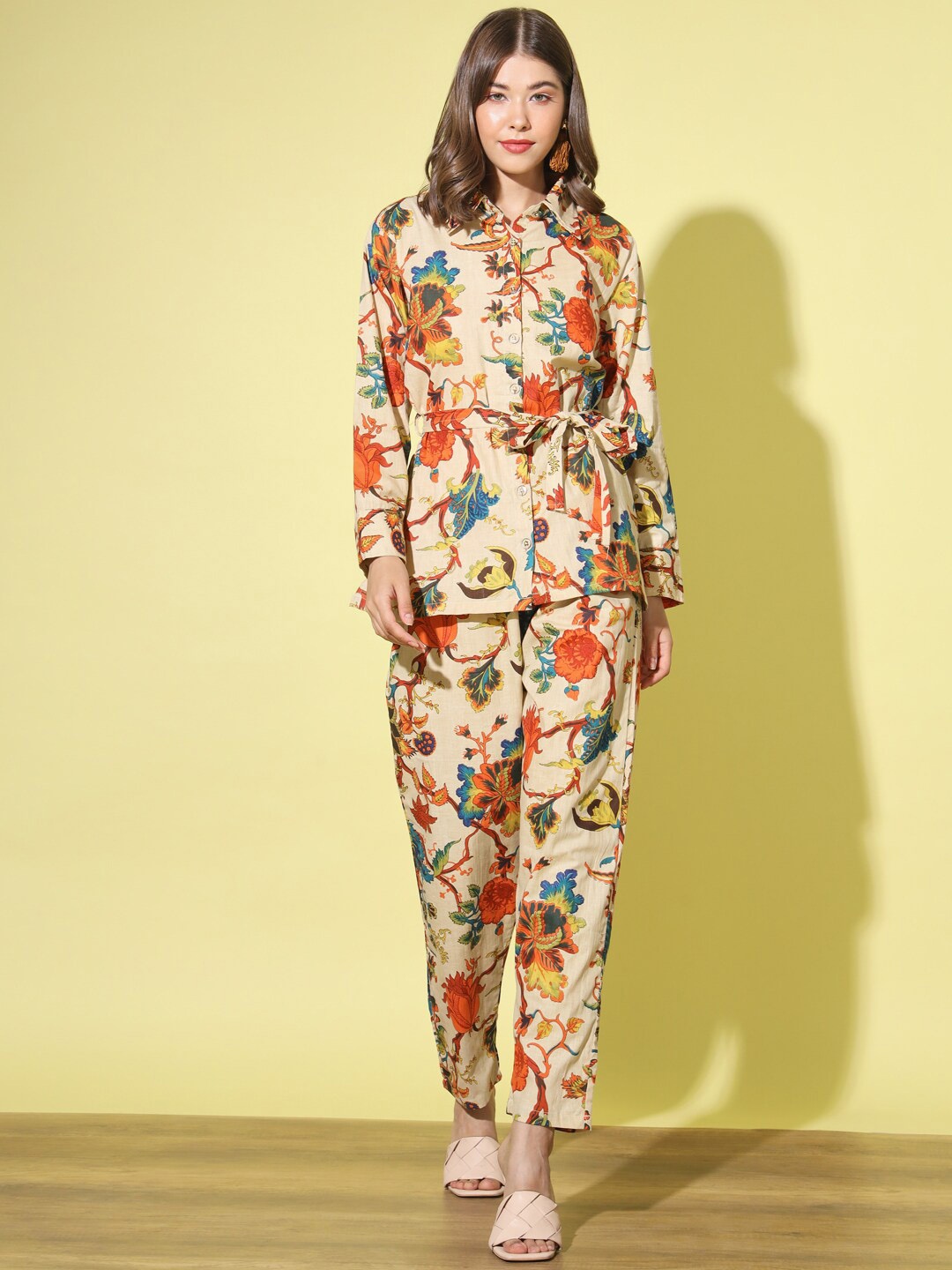 

SEPHANI Floral Printed Pure Cotton Shirt With Trousers Co-Ords, Camel brown