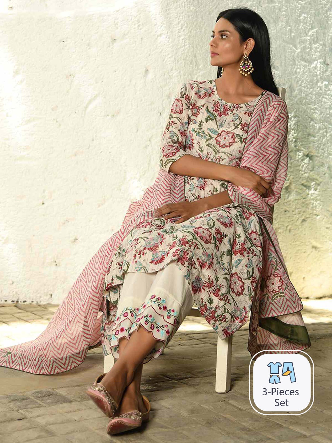 

NUHH Floral Printed Round Neck Pure Cotton Anarkali Kurta with Trousers & Dupatta & Slip, Off white