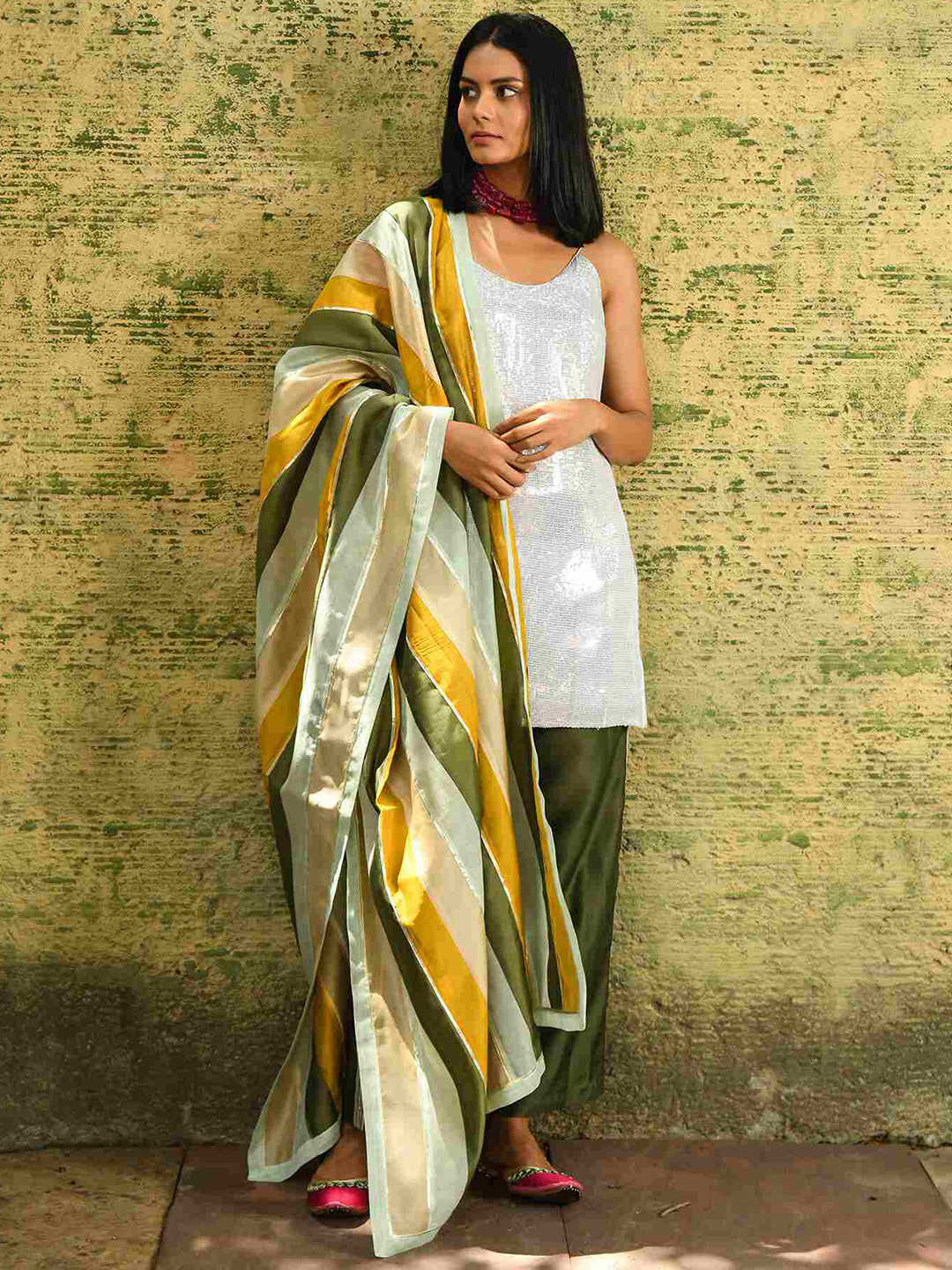 

NUHH Embroidered Regular Sequinned Kurti with Trouser And Dupatta, White