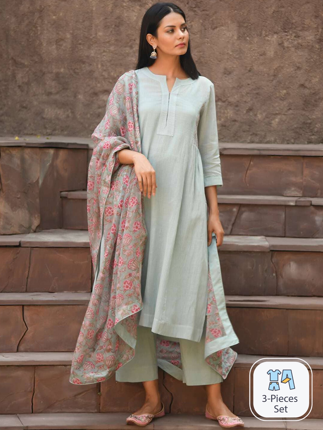 

NUHH Geometric Embroidered Pure Cotton Kurta with Trousers & Dupatta & Slip, Green