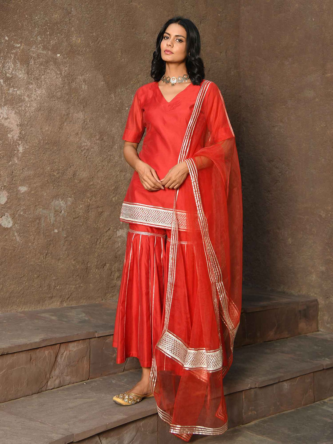 

NUHH Gotta Patti Kurti with Sharara & With Dupatta, Red