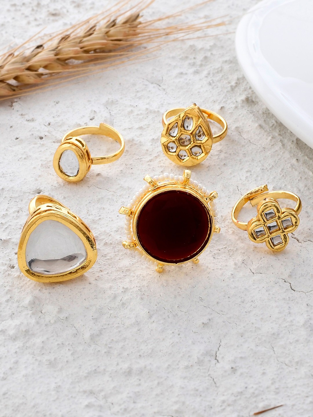 

DASTOOR Set Of 5 Gold Plated Kundan Studded Adjustable Finger Rings