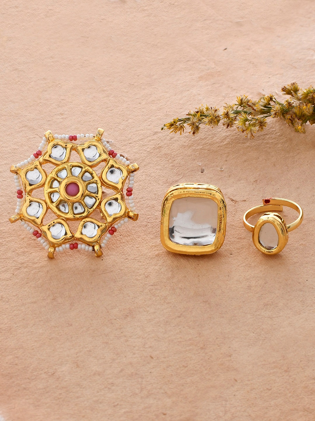 

DASTOOR Set Of 3 Gold-Plated Kundan-Studded Adjustable Finger Ring
