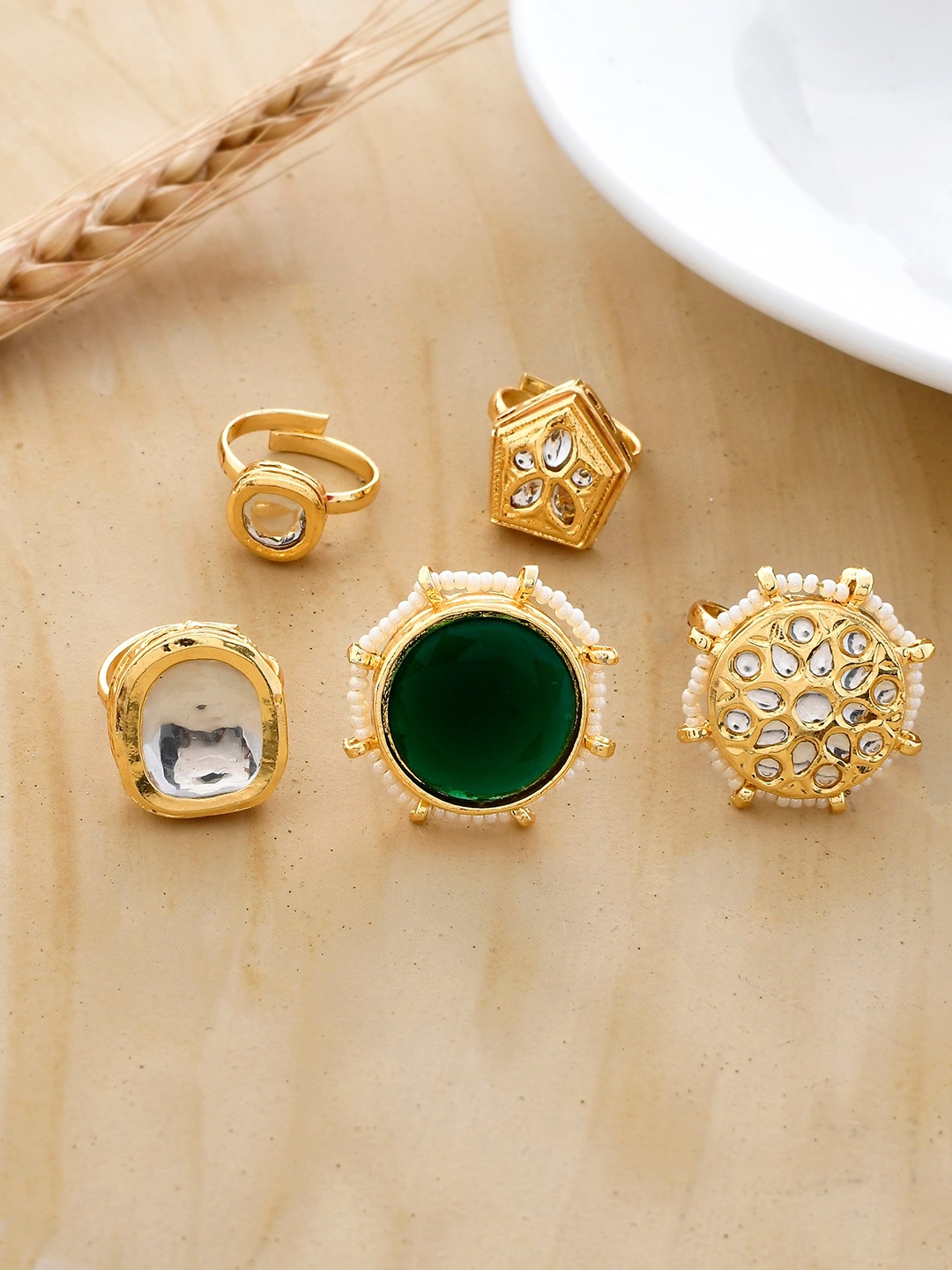

DASTOOR Set Of 5 Gold-Plated Kundan-Studded Adjustable Finger Ring