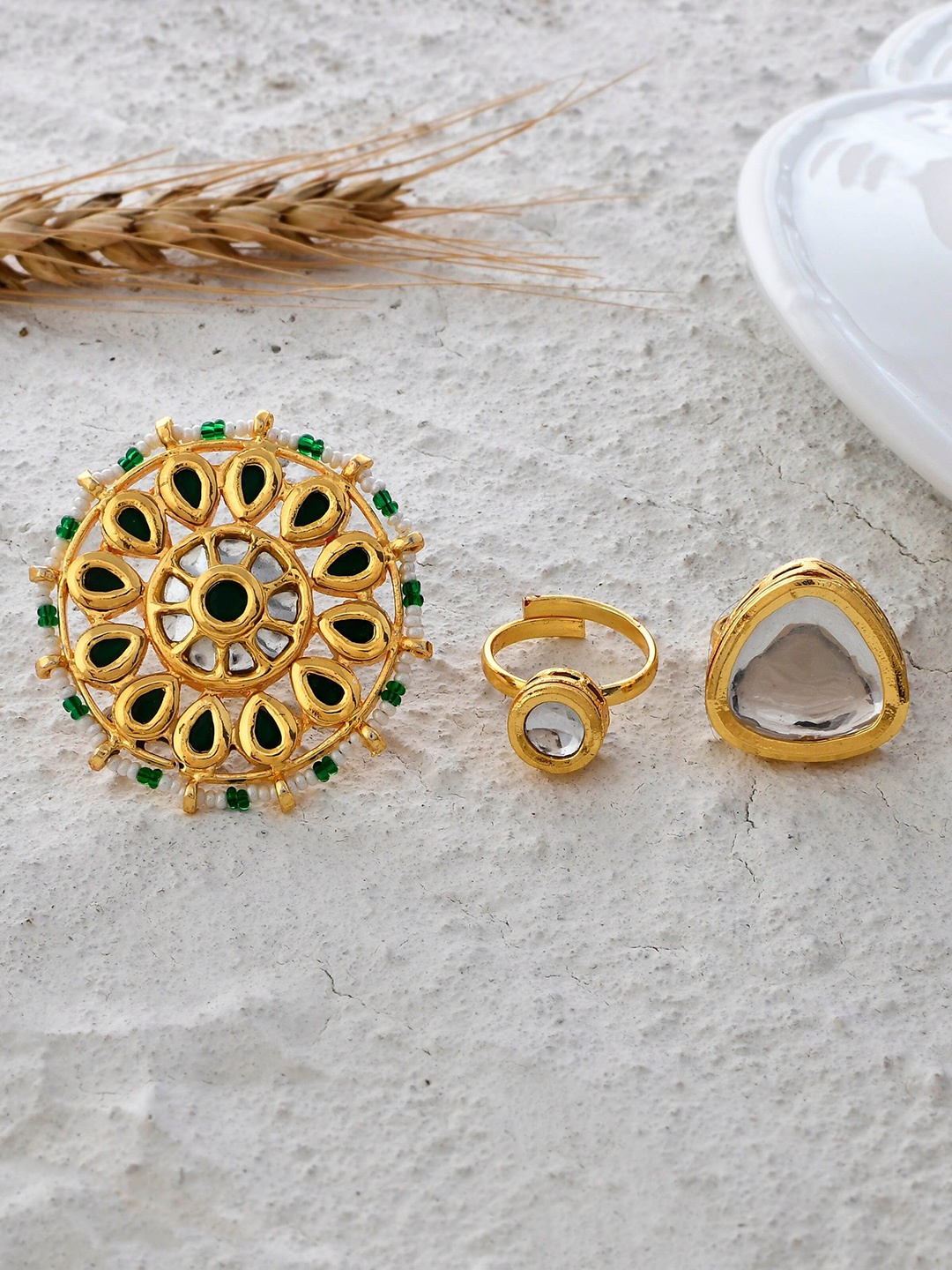 

DASTOOR Set Of 3 Gold Plated Kundan Studded Adjustable Finger Rings
