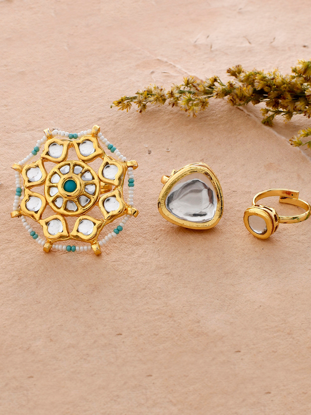 

DASTOOR Set Of 3 Gold Plated Kundan Studded Adjustable Finger Rings