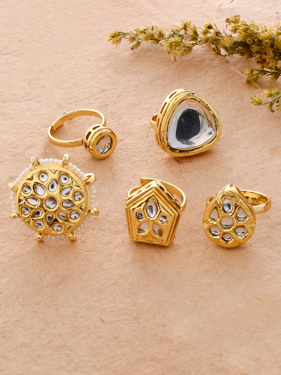 

DASTOOR Set Of 5 Gold Plated Kundan Studded Adjustable Finger Rings