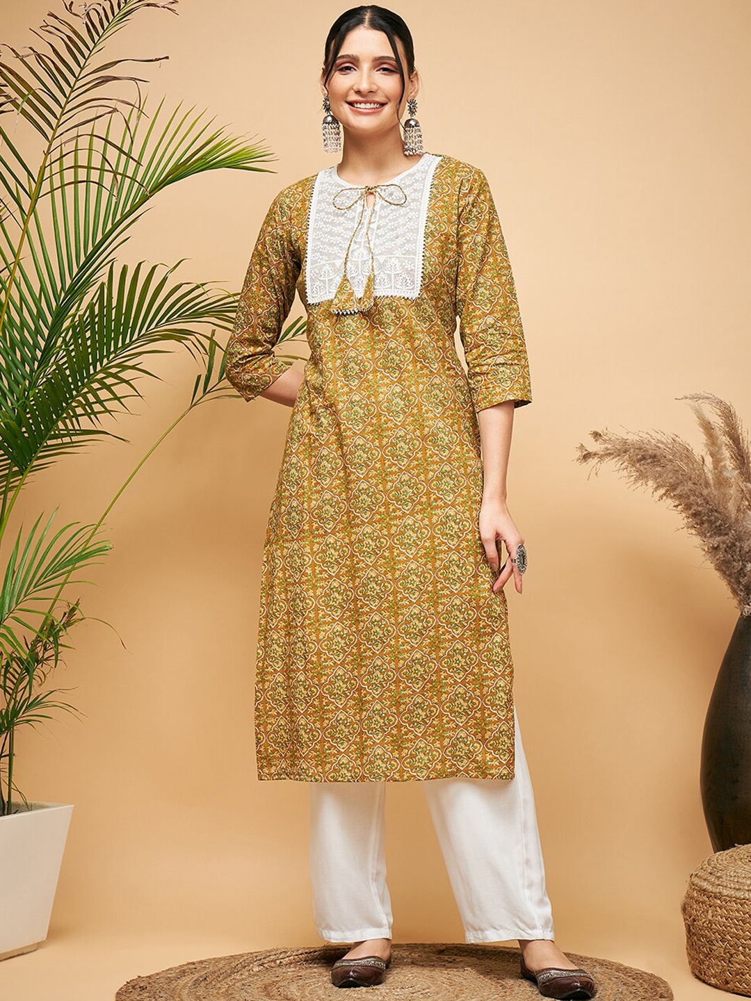 

InWeave Ethnic Motifs Printed Gotta Patti Pure Cotton Straight Kurta With Trousers, Mustard