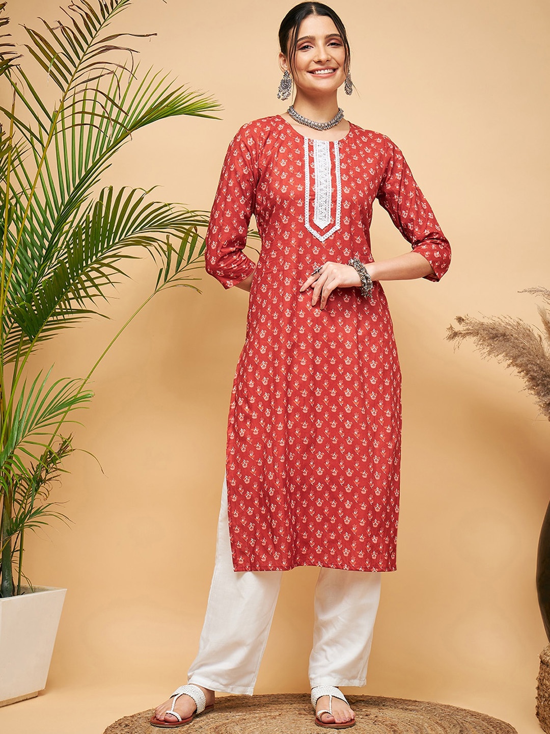 

InWeave Floral Printed Pure Cotton Straight Kurta With Trousers, Rust