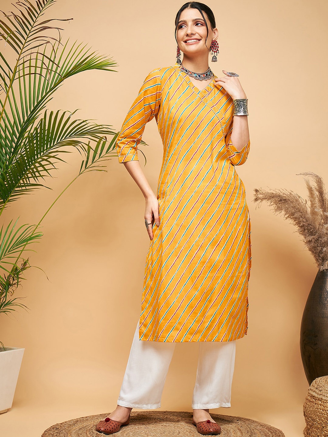 

InWeave Leheriya Printed Gotta Patti Pure Cotton Straight Kurta With Trousers, Mustard