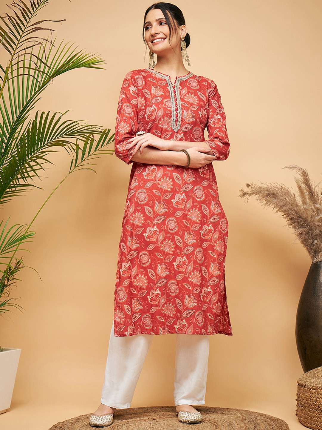 

InWeave Floral Printed Pure Cotton Straight Kurta With Trousers, Rust