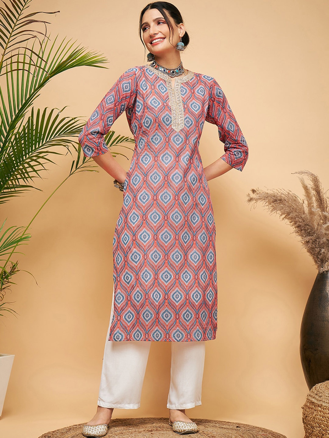 

InWeave Ethnic Motifs Printed Pure Cotton Straight Kurta With Trousers, Red
