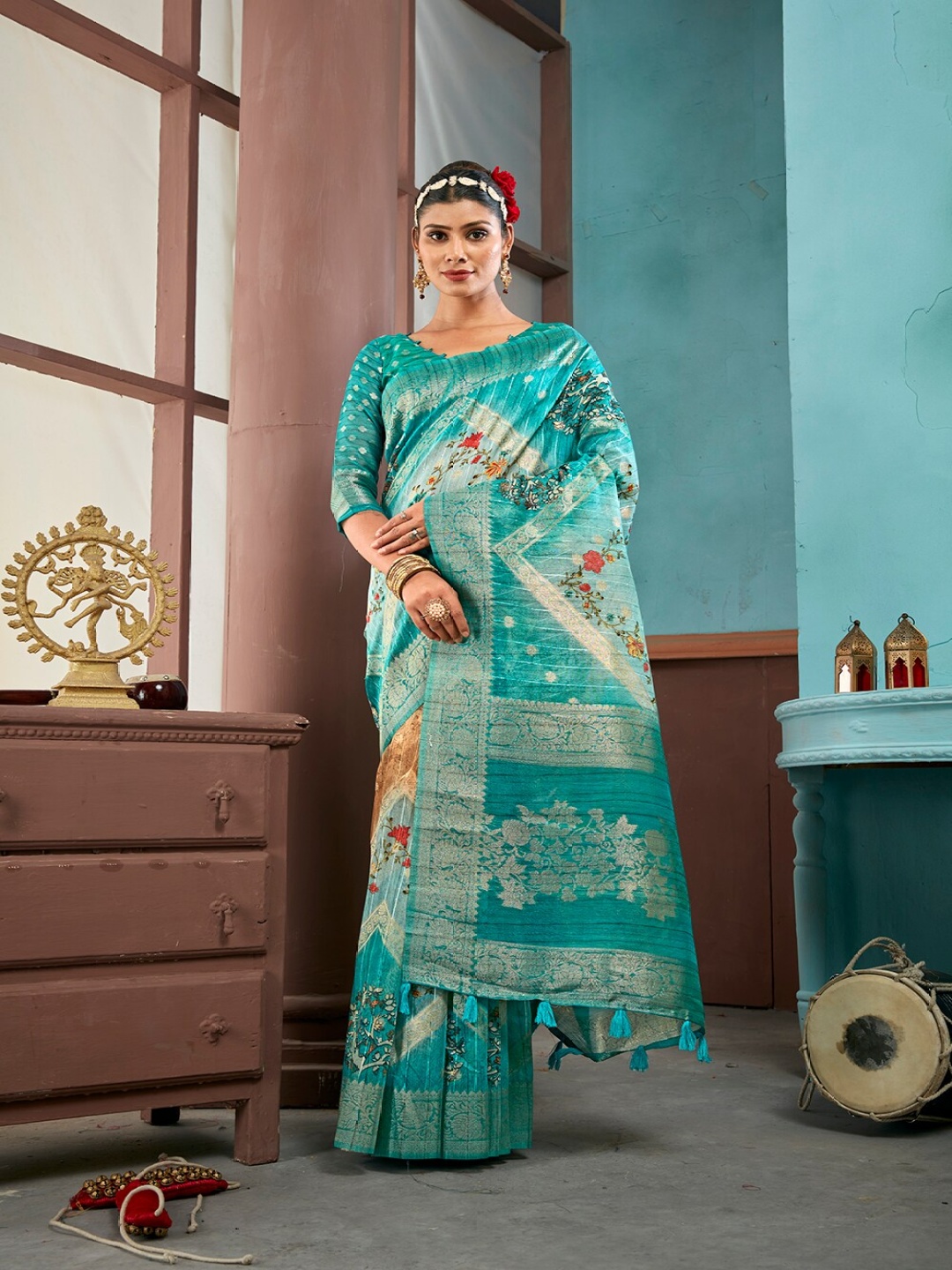 

Ishin Floral Printed Zari Detailed Pure Silk Banarasi Saree, Green