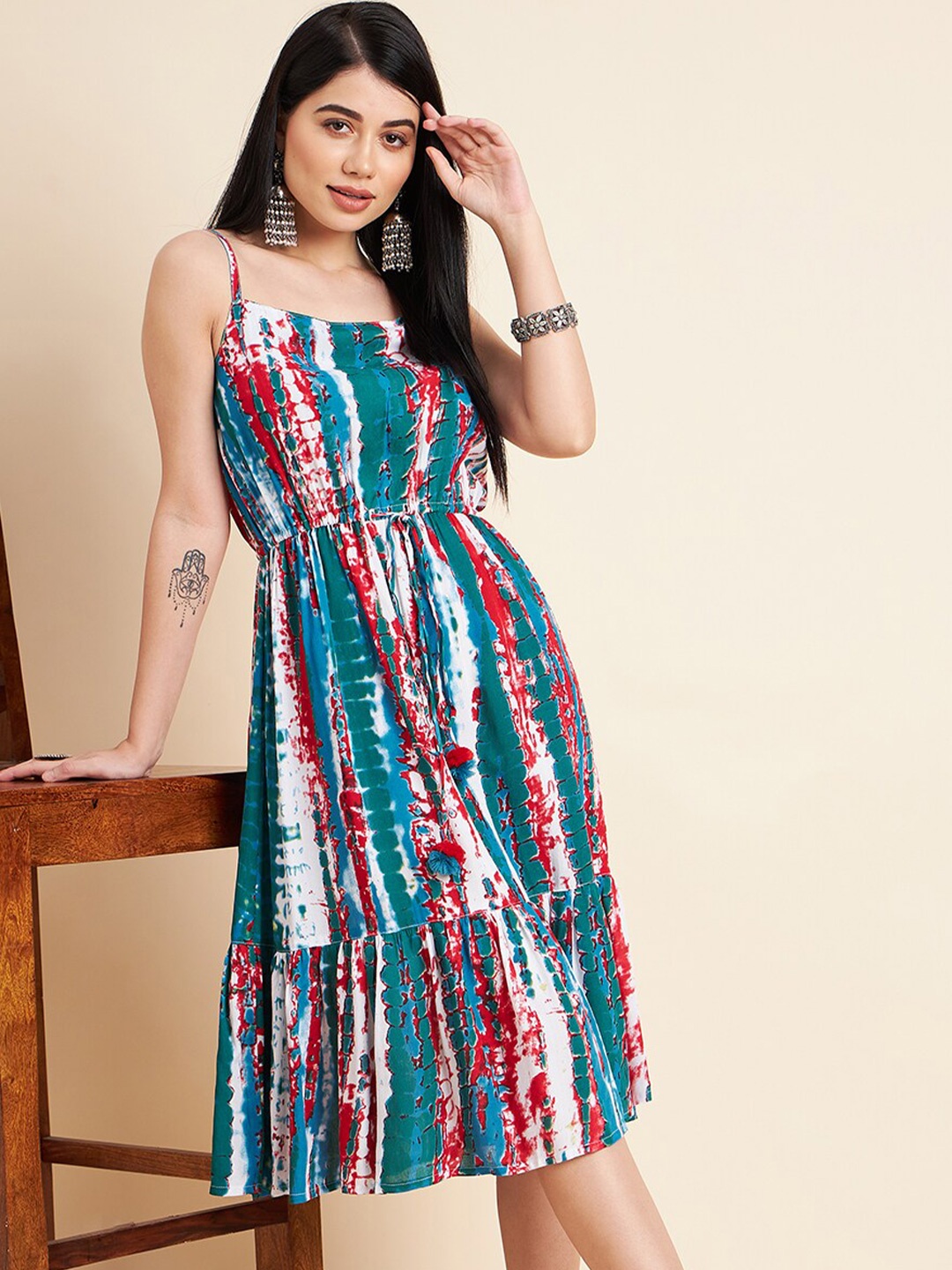 

all about you Tie & Dye Printed Fit & Flare Midi Ethnic Dress, Blue